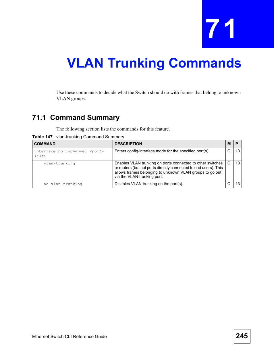 Vlan trunking commands, 1 command summary, Vlan trunking commands (245) | ZyXEL Communications ZyXEL Dimension ES-2024PWR User Manual | Page 245 / 286