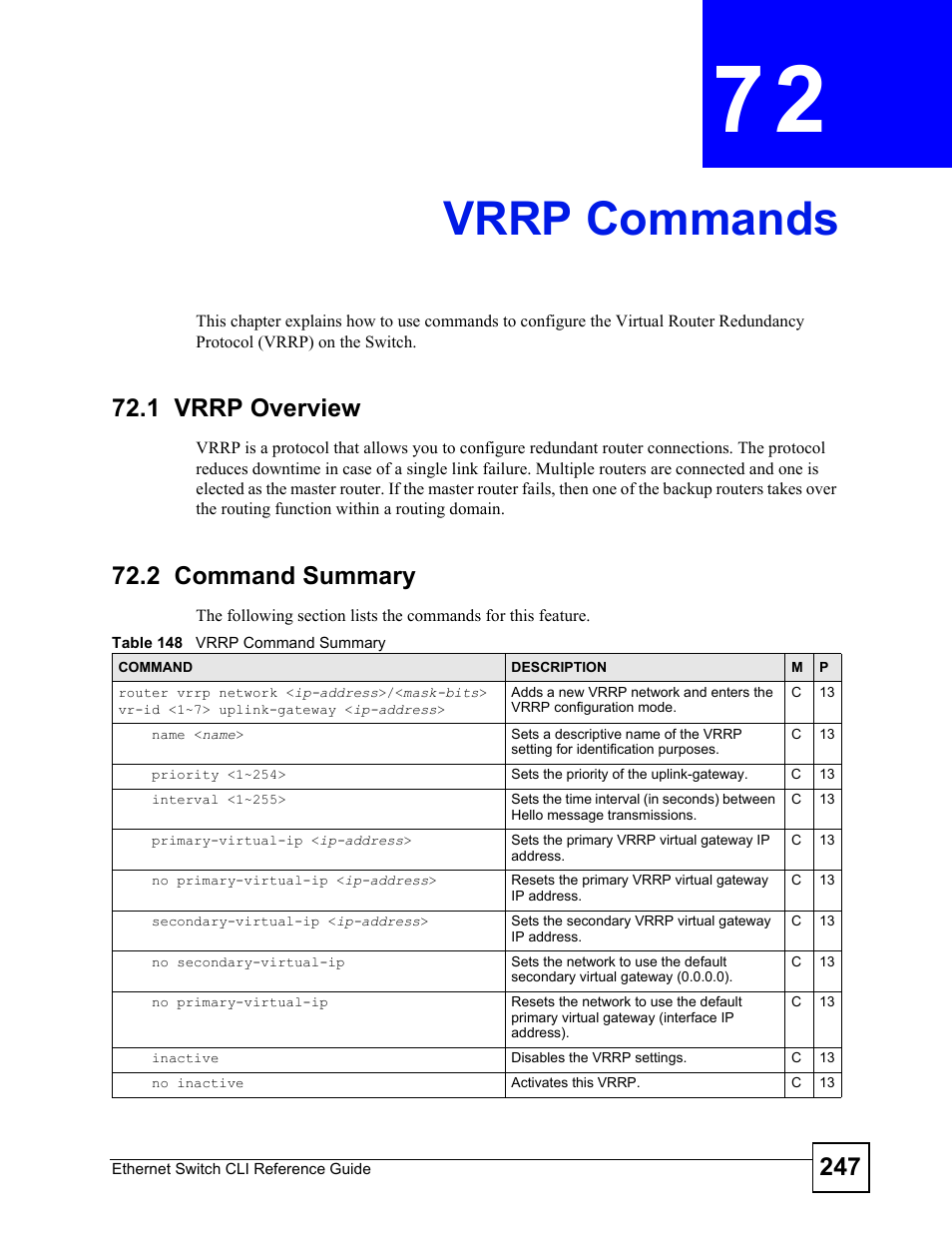 Vrrp commands, 1 vrrp overview, 2 command summary | Vrrp commands (247) | ZyXEL Communications ZyXEL Dimension ES-2024PWR User Manual | Page 247 / 286