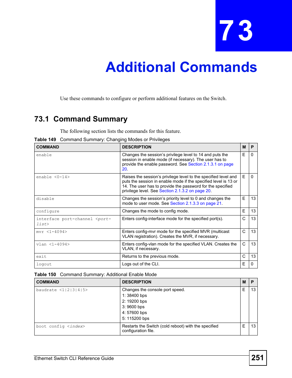 Additional commands, 1 command summary, Additional commands (251) | ZyXEL Communications ZyXEL Dimension ES-2024PWR User Manual | Page 251 / 286
