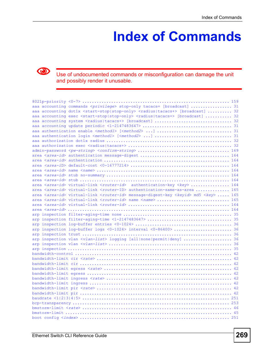 Index of commands | ZyXEL Communications ZyXEL Dimension ES-2024PWR User Manual | Page 269 / 286