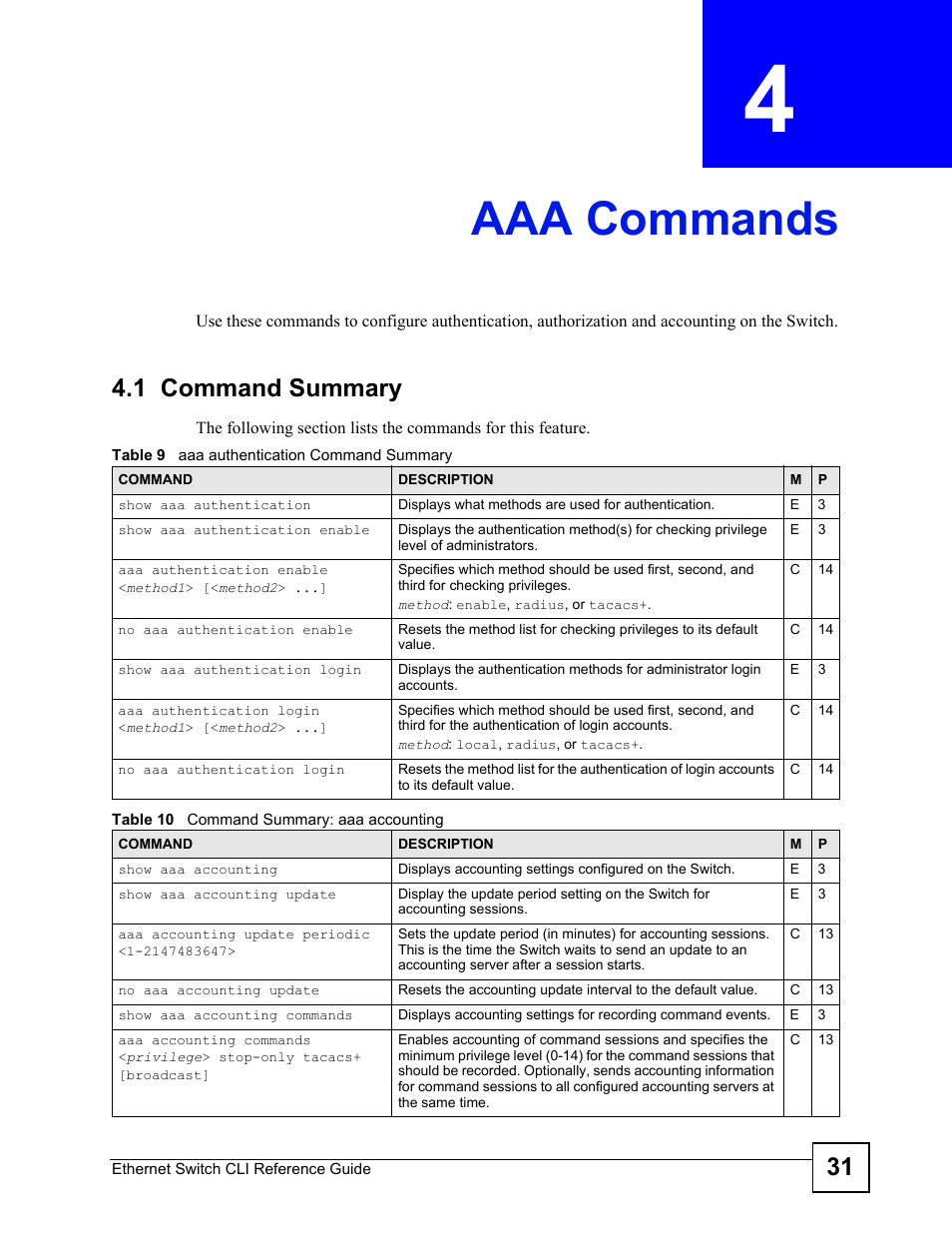 Aaa commands, 1 command summary, Aaa commands (31) | ZyXEL Communications ZyXEL Dimension ES-2024PWR User Manual | Page 31 / 286
