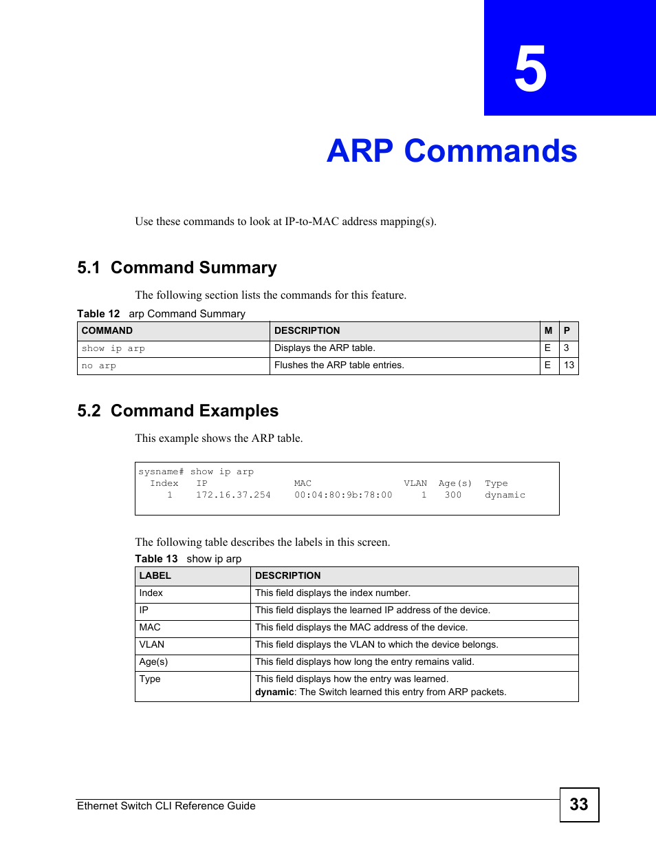 Arp commands, 1 command summary, 2 command examples | Arp commands (33) | ZyXEL Communications ZyXEL Dimension ES-2024PWR User Manual | Page 33 / 286