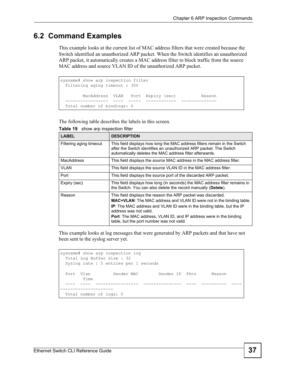 2 command examples, 37 6.2 command examples | ZyXEL Communications ZyXEL Dimension ES-2024PWR User Manual | Page 37 / 286