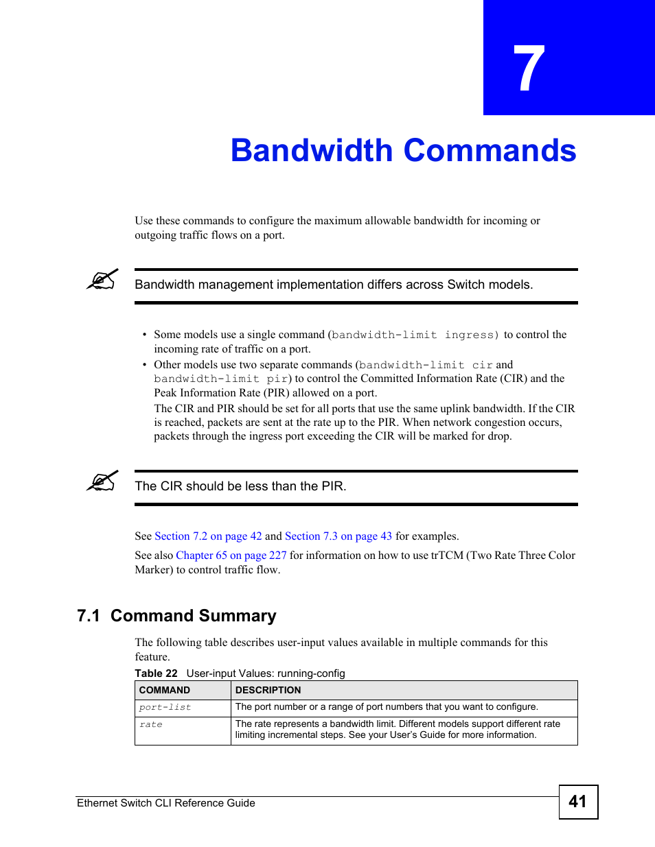 Bandwidth commands, 1 command summary, Bandwidth commands (41) | ZyXEL Communications ZyXEL Dimension ES-2024PWR User Manual | Page 41 / 286