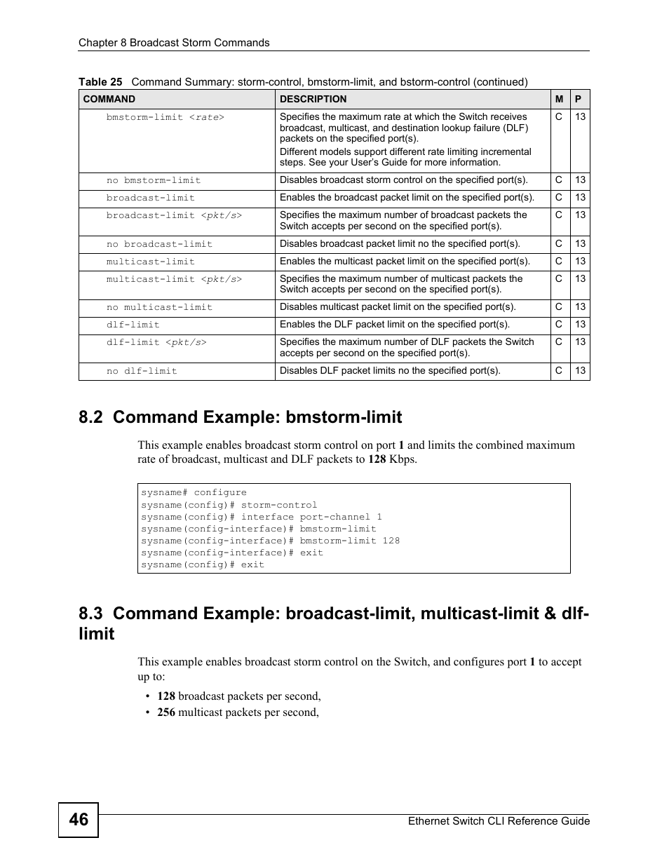 2 command example: bmstorm-limit, 46 8.2 command example: bmstorm-limit | ZyXEL Communications ZyXEL Dimension ES-2024PWR User Manual | Page 46 / 286