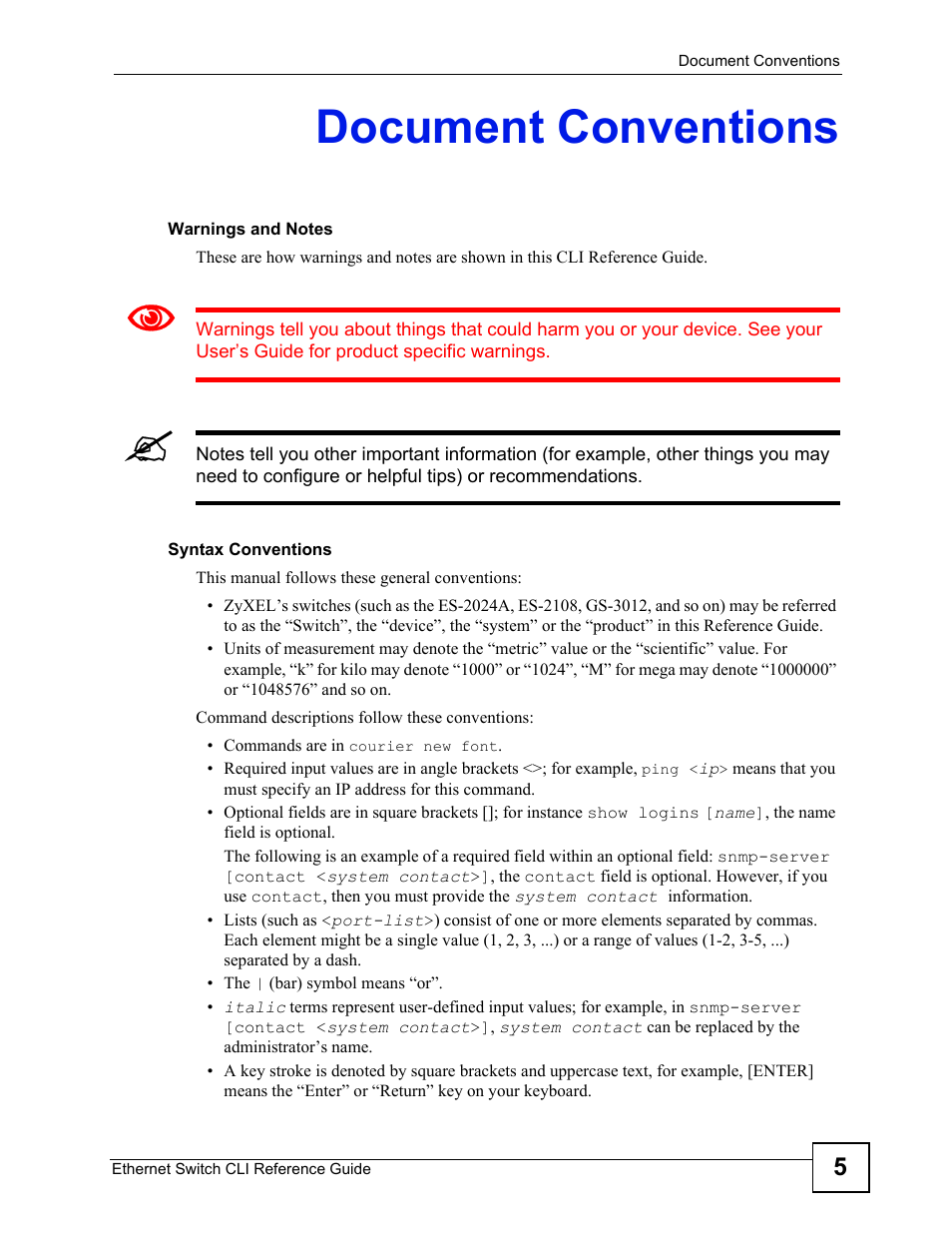 Document conventions | ZyXEL Communications ZyXEL Dimension ES-2024PWR User Manual | Page 5 / 286