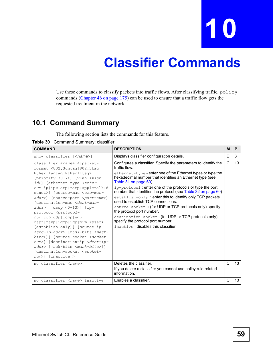 Classifier commands, 1 command summary, Classifier commands (59) | ZyXEL Communications ZyXEL Dimension ES-2024PWR User Manual | Page 59 / 286