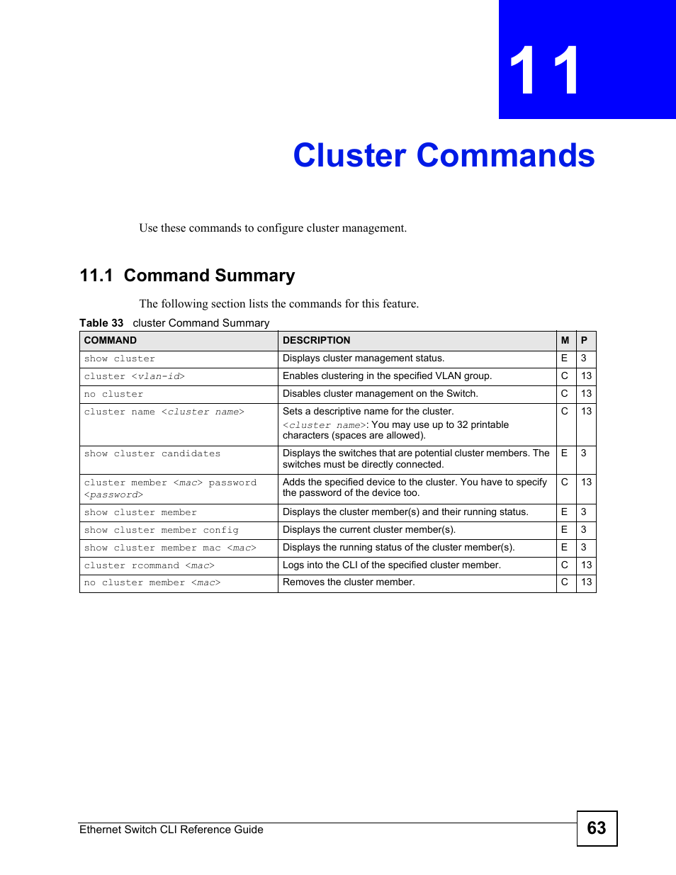 Cluster commands, 1 command summary, Cluster commands (63) | ZyXEL Communications ZyXEL Dimension ES-2024PWR User Manual | Page 63 / 286
