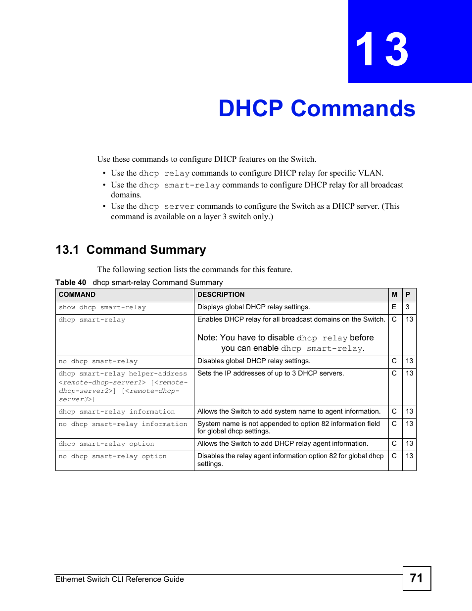 Dhcp commands, 1 command summary, Dhcp commands (71) | ZyXEL Communications ZyXEL Dimension ES-2024PWR User Manual | Page 71 / 286