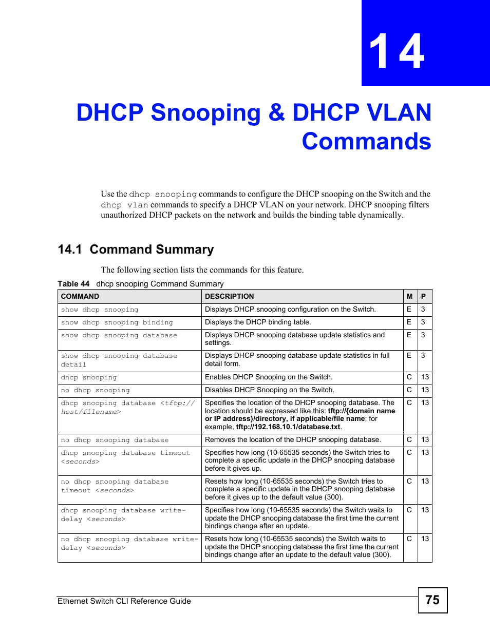 Dhcp snooping & dhcp vlan commands, 1 command summary, Dhcp snooping & dhcp vlan commands (75) | ZyXEL Communications ZyXEL Dimension ES-2024PWR User Manual | Page 75 / 286