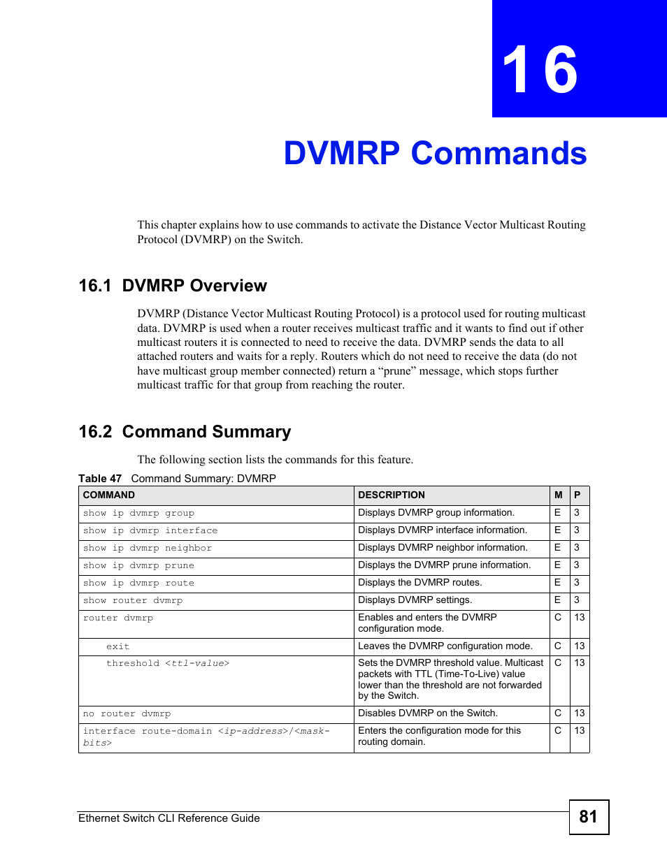 Dvmrp commands, 1 dvmrp overview, 2 command summary | Dvmrp commands (81) | ZyXEL Communications ZyXEL Dimension ES-2024PWR User Manual | Page 81 / 286