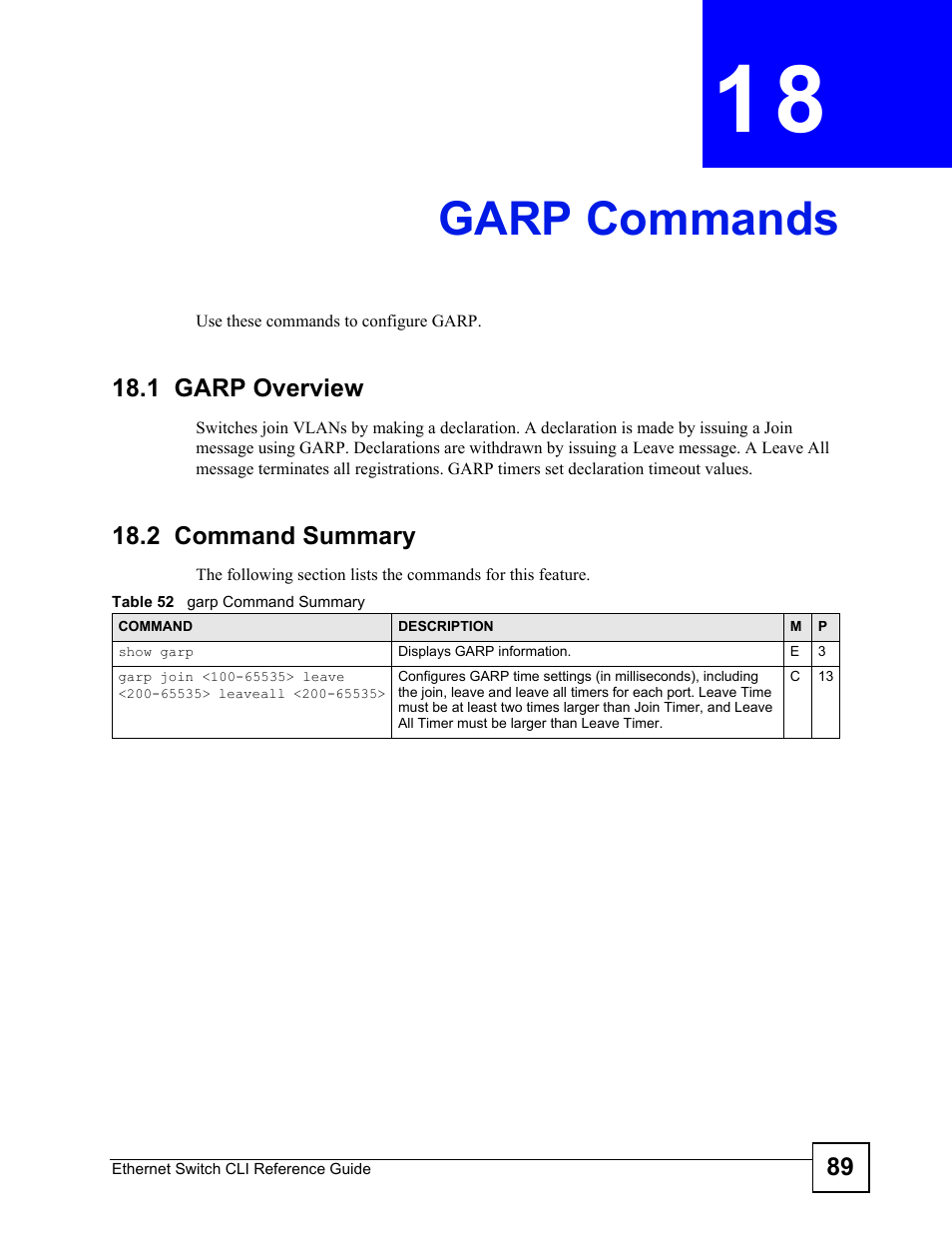 Garp commands, 1 garp overview, 2 command summary | Garp commands (89) | ZyXEL Communications ZyXEL Dimension ES-2024PWR User Manual | Page 89 / 286