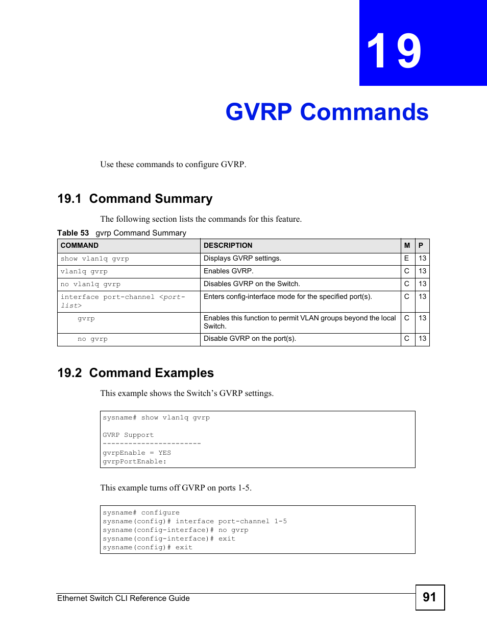 Gvrp commands, 1 command summary, 2 command examples | Gvrp commands (91) | ZyXEL Communications ZyXEL Dimension ES-2024PWR User Manual | Page 91 / 286