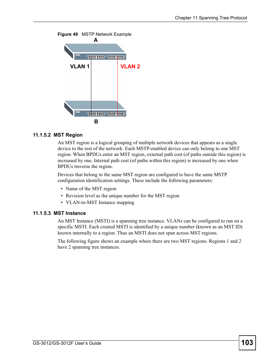 Figure 48 mstp network example | ZyXEL Communications GS-3012F/3012 User Manual | Page 103 / 314