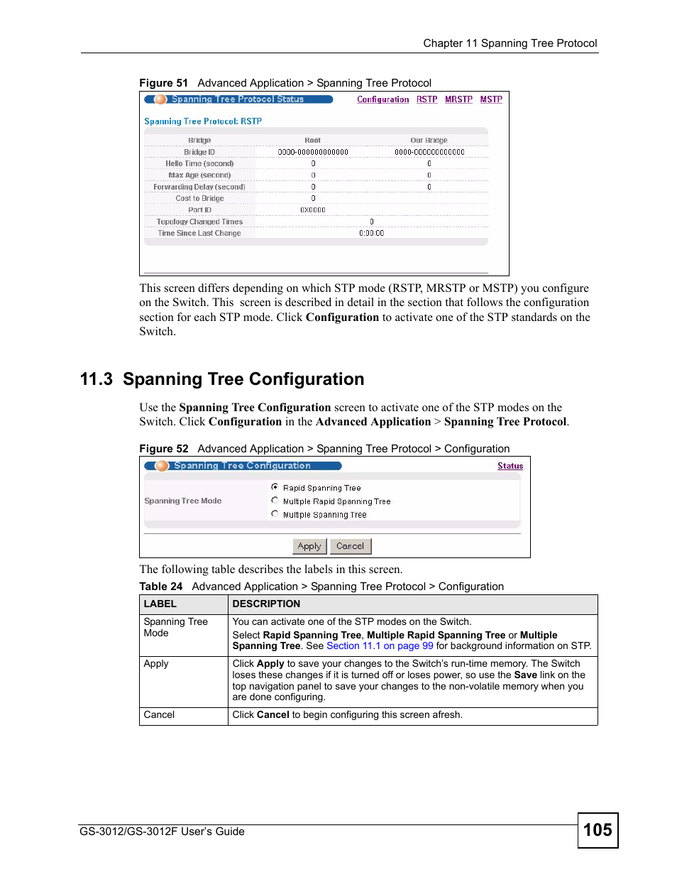 3 spanning tree configuration | ZyXEL Communications GS-3012F/3012 User Manual | Page 105 / 314