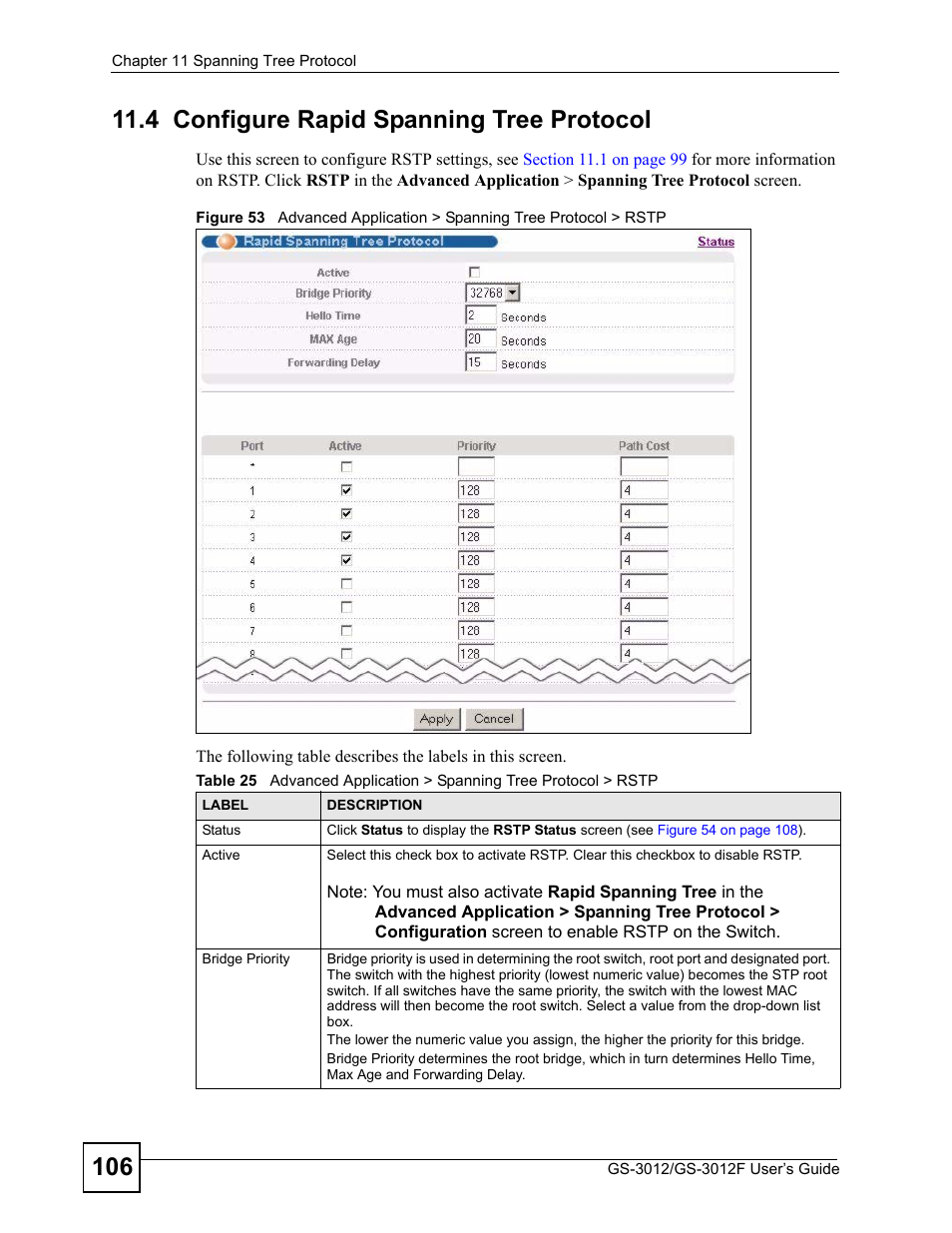 4 configure rapid spanning tree protocol | ZyXEL Communications GS-3012F/3012 User Manual | Page 106 / 314