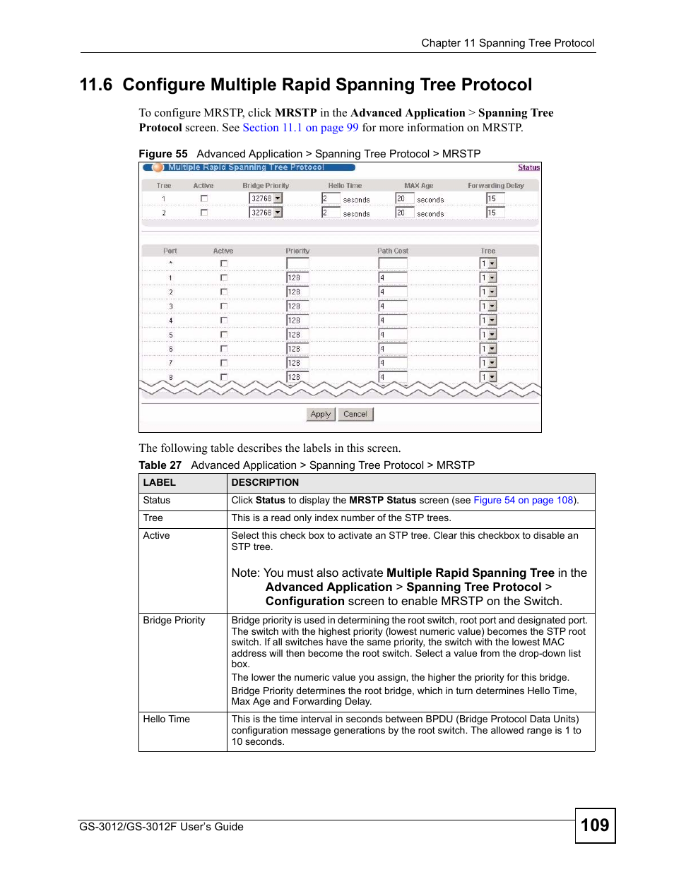 6 configure multiple rapid spanning tree protocol | ZyXEL Communications GS-3012F/3012 User Manual | Page 109 / 314