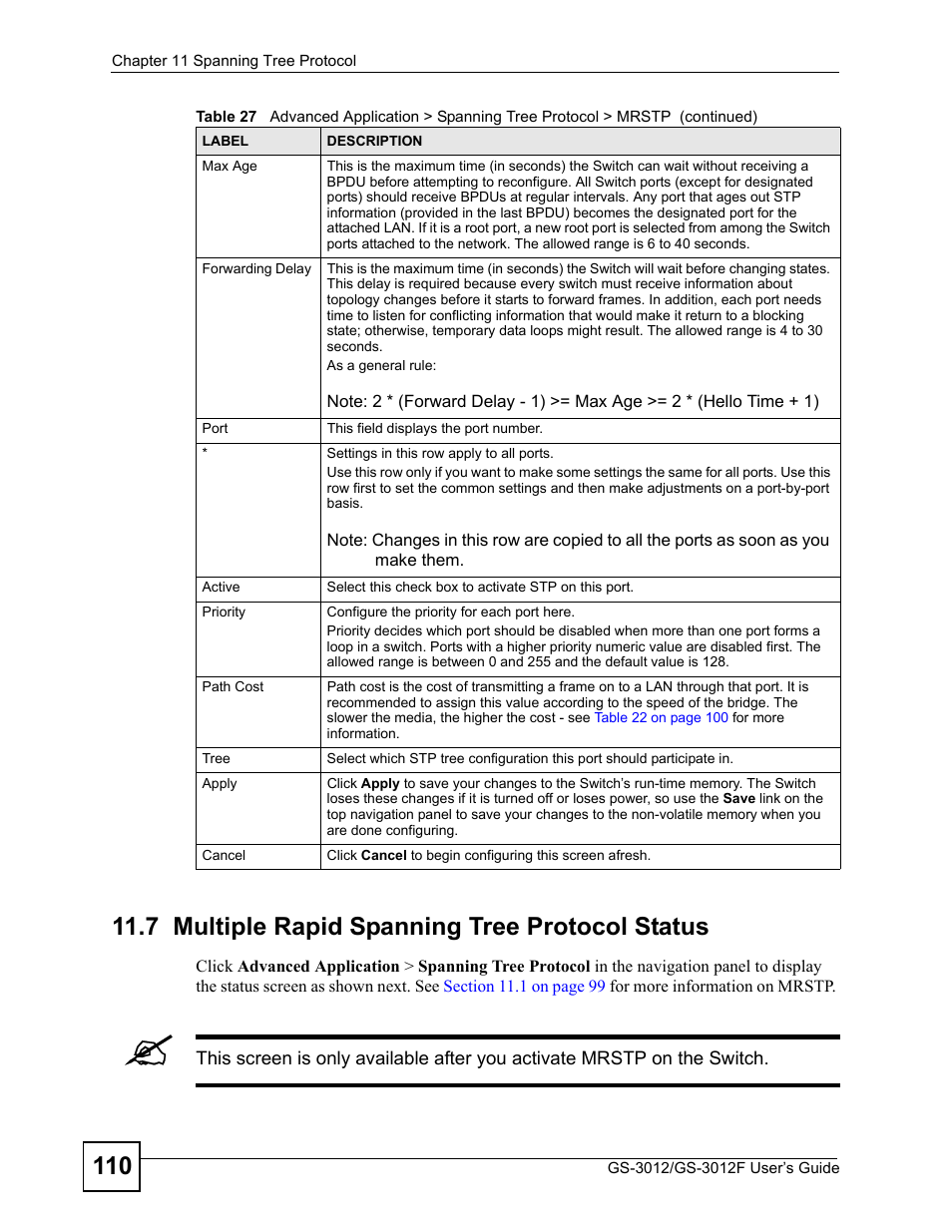 7 multiple rapid spanning tree protocol status | ZyXEL Communications GS-3012F/3012 User Manual | Page 110 / 314