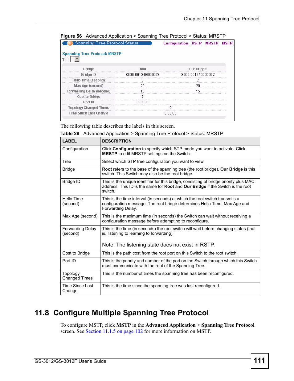 8 configure multiple spanning tree protocol | ZyXEL Communications GS-3012F/3012 User Manual | Page 111 / 314