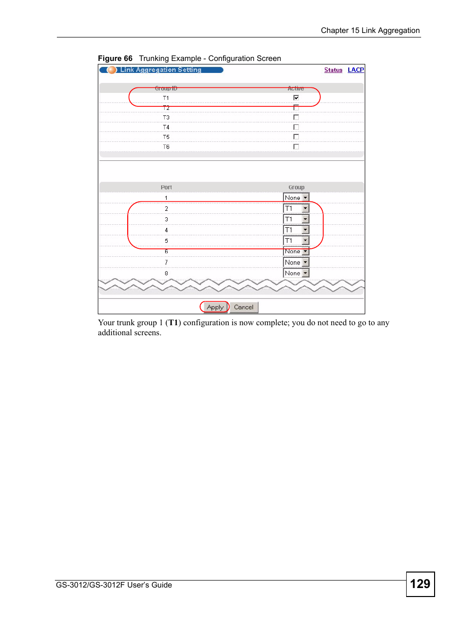 Figure 66 trunking example - configuration screen | ZyXEL Communications GS-3012F/3012 User Manual | Page 129 / 314