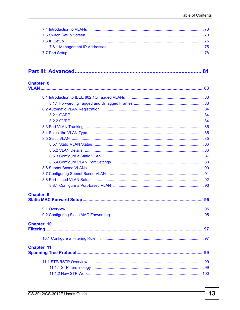 Part iii: advanced | ZyXEL Communications GS-3012F/3012 User Manual | Page 13 / 314