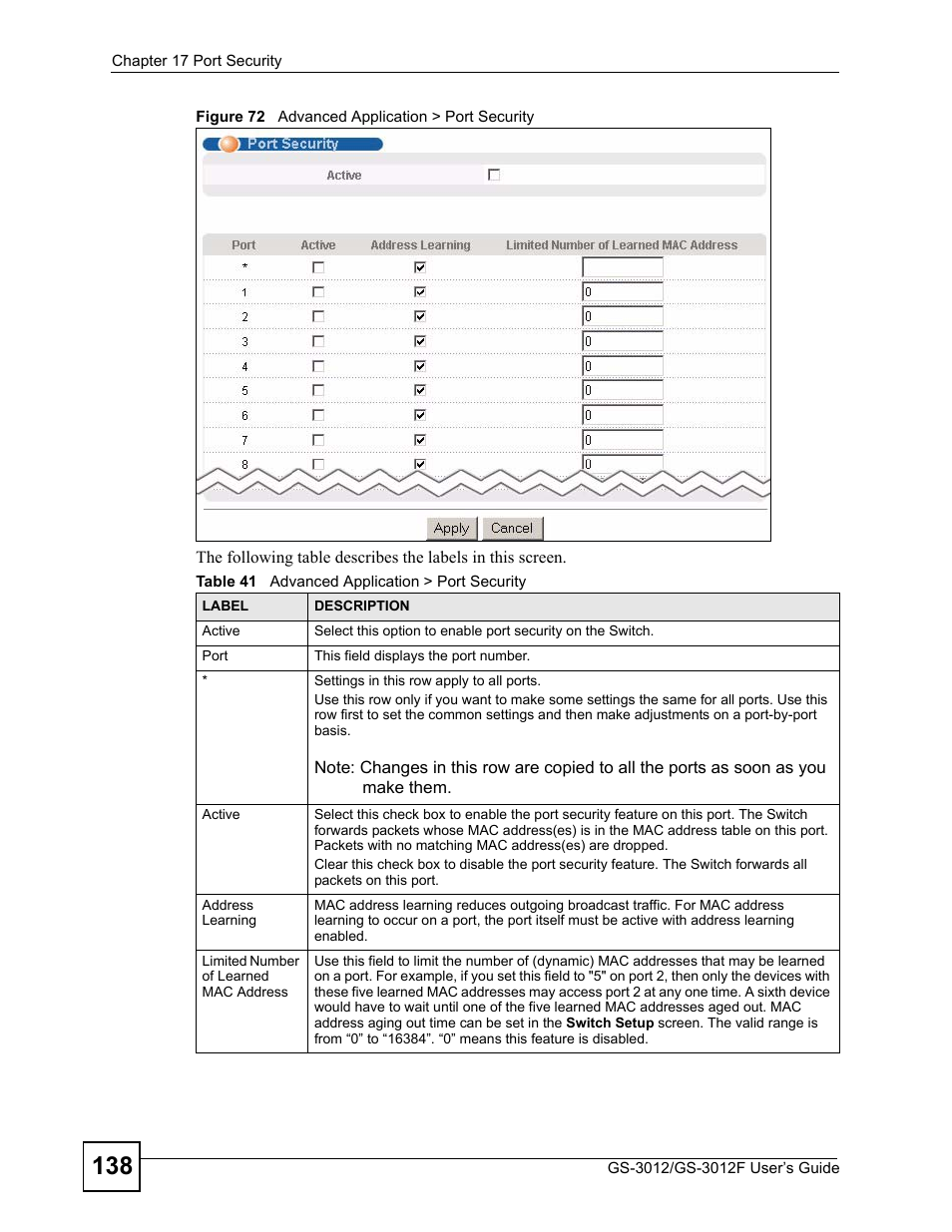 Figure 72 advanced application > port security, Table 41 advanced application > port security | ZyXEL Communications GS-3012F/3012 User Manual | Page 138 / 314