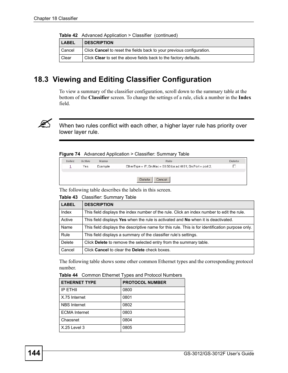 3 viewing and editing classifier configuration | ZyXEL Communications GS-3012F/3012 User Manual | Page 144 / 314