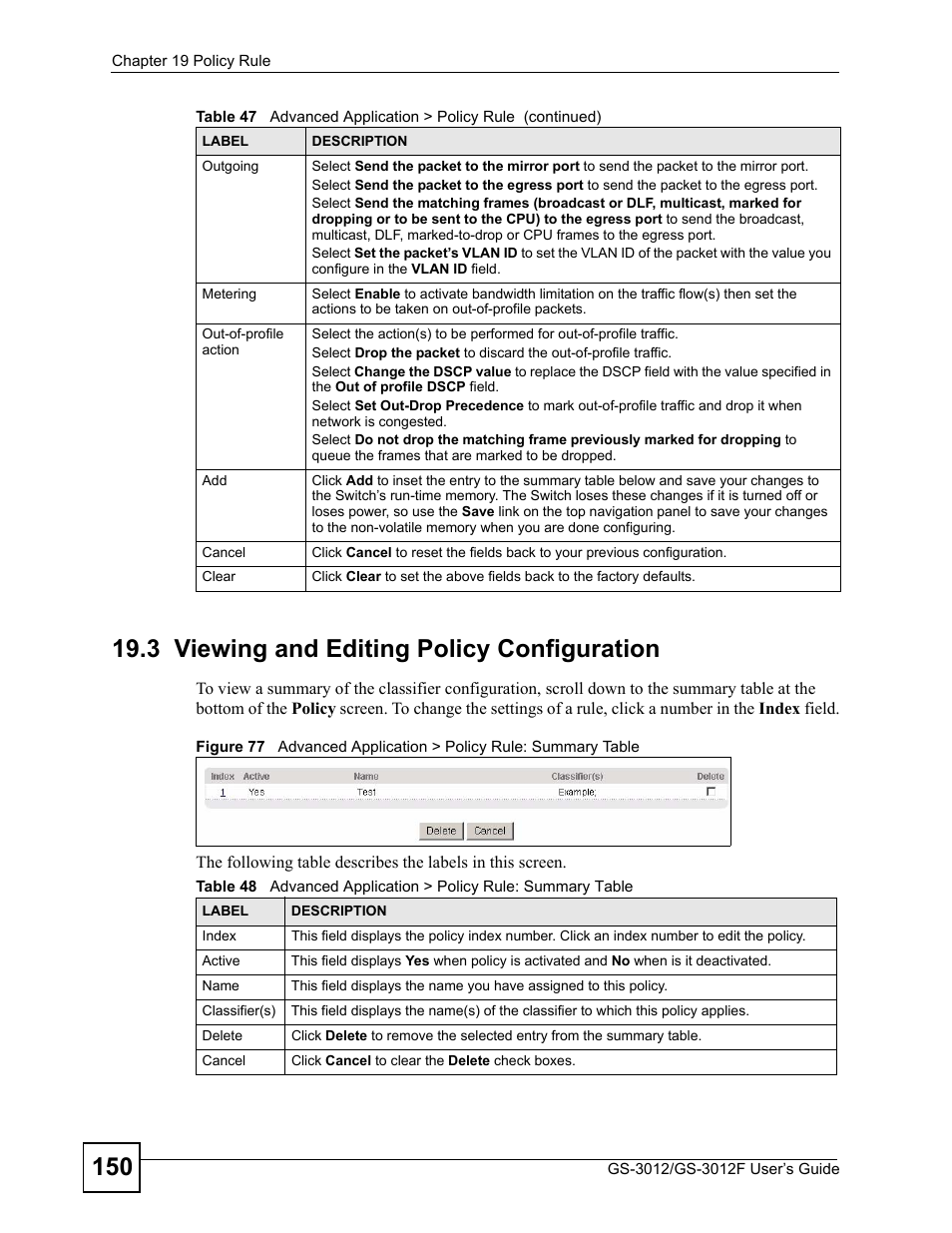 3 viewing and editing policy configuration | ZyXEL Communications GS-3012F/3012 User Manual | Page 150 / 314