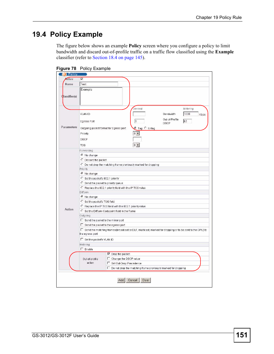 4 policy example, Figure 78 policy example | ZyXEL Communications GS-3012F/3012 User Manual | Page 151 / 314