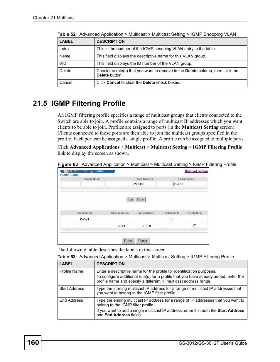 5 igmp filtering profile | ZyXEL Communications GS-3012F/3012 User Manual | Page 160 / 314