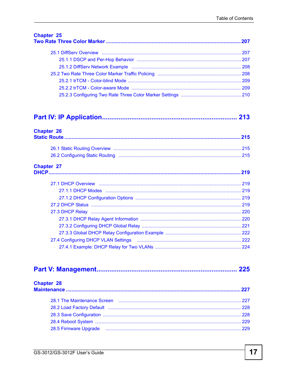 Part iv: ip application, Part v: management | ZyXEL Communications GS-3012F/3012 User Manual | Page 17 / 314