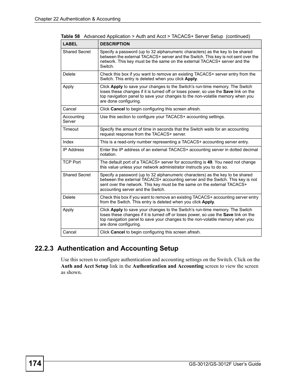 3 authentication and accounting setup | ZyXEL Communications GS-3012F/3012 User Manual | Page 174 / 314
