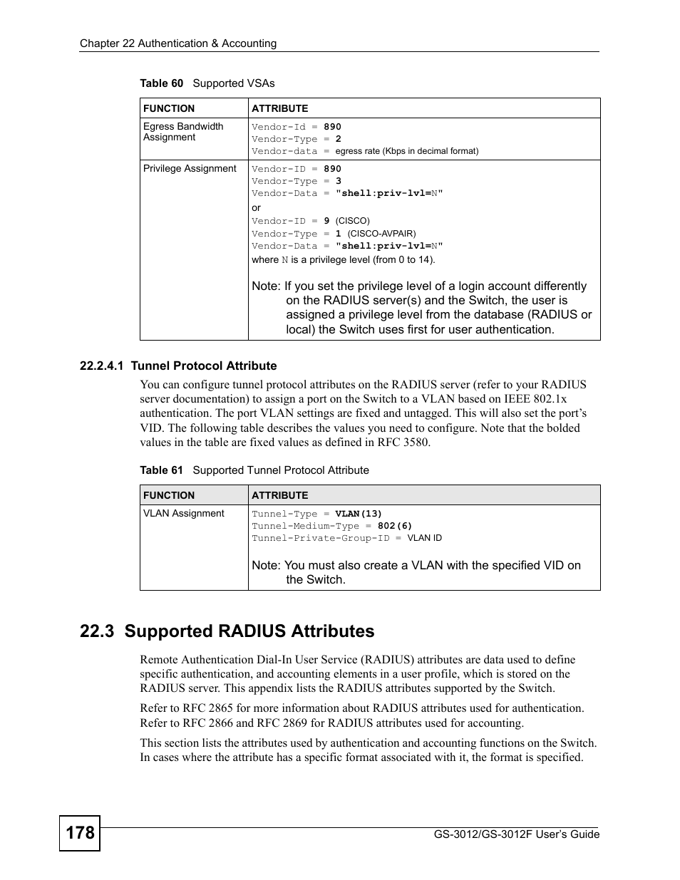 3 supported radius attributes, Table 61 supported tunnel protocol attribute | ZyXEL Communications GS-3012F/3012 User Manual | Page 178 / 314