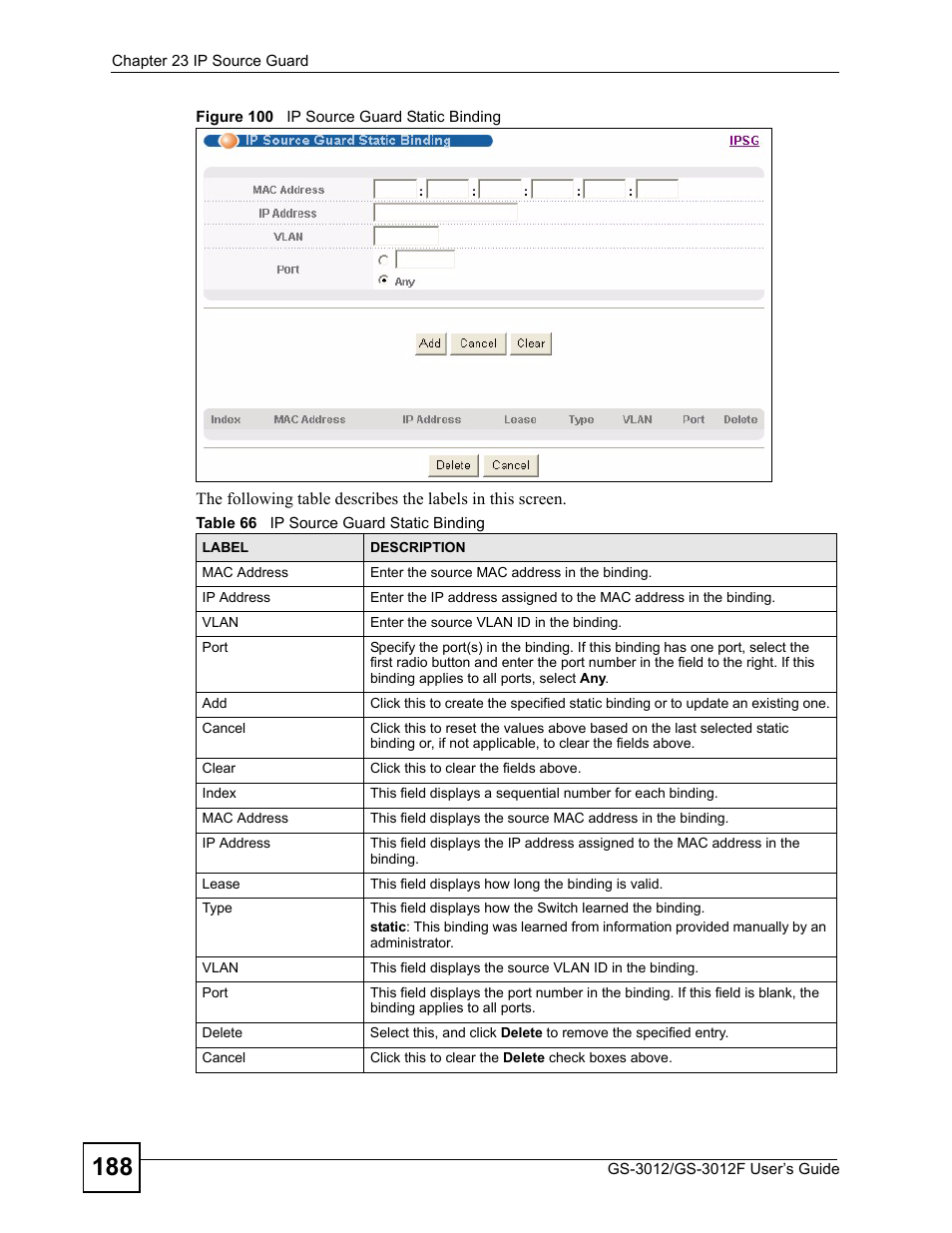 Figure 100 ip source guard static binding, Table 66 ip source guard static binding | ZyXEL Communications GS-3012F/3012 User Manual | Page 188 / 314