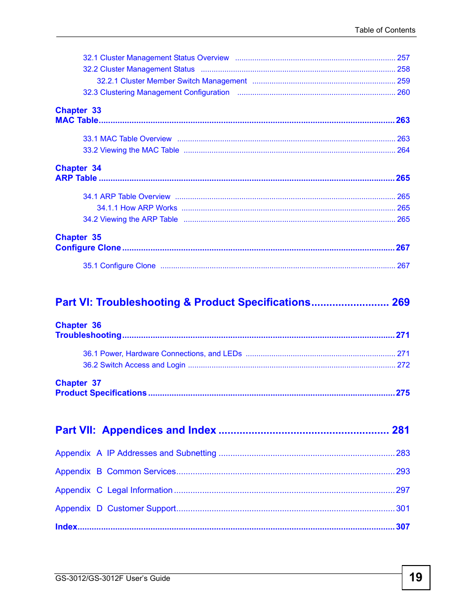 Part vi: troubleshooting & product specifications, Part vii: appendices and index | ZyXEL Communications GS-3012F/3012 User Manual | Page 19 / 314