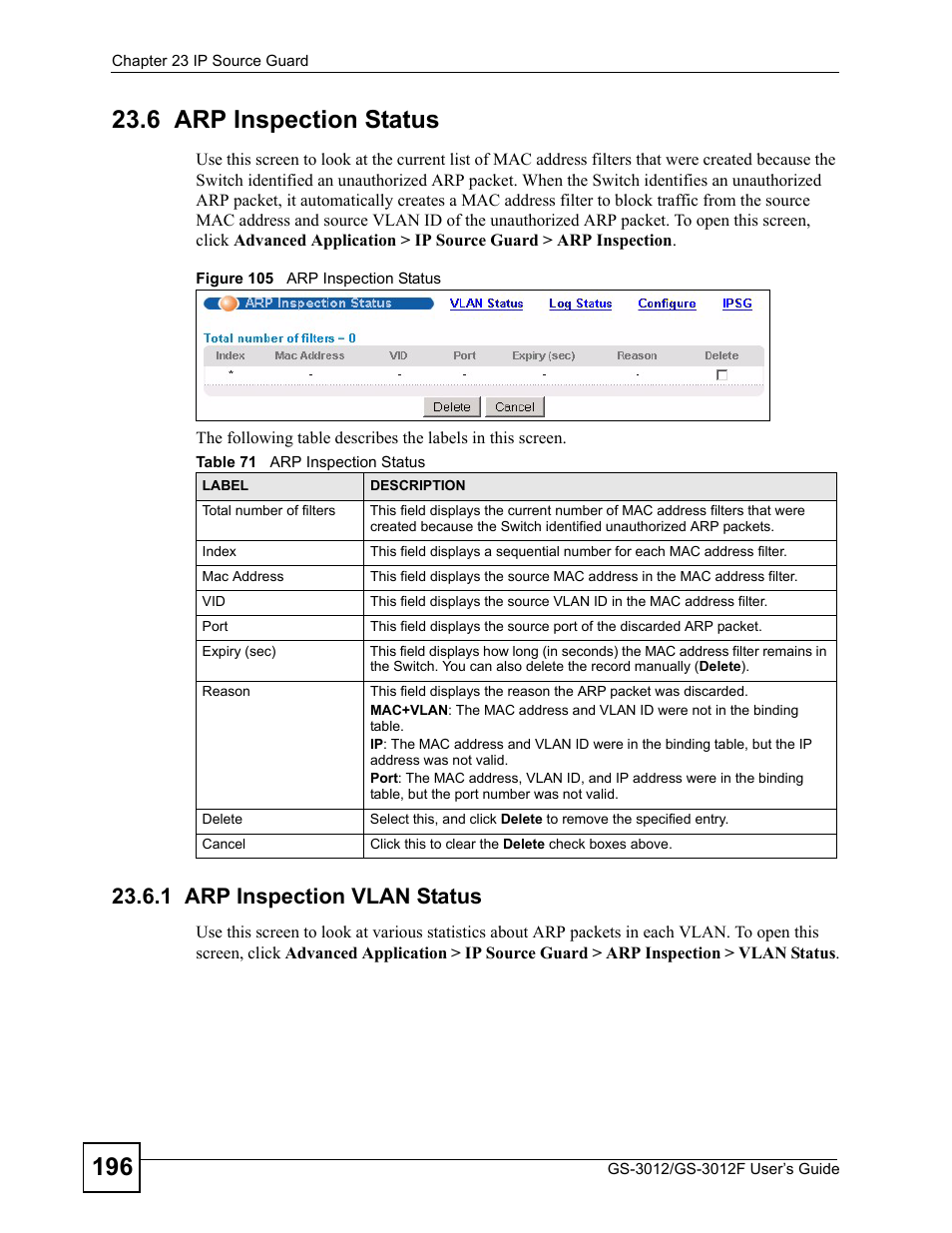 6 arp inspection status, 1 arp inspection vlan status, Figure 105 arp inspection status | Table 71 arp inspection status | ZyXEL Communications GS-3012F/3012 User Manual | Page 196 / 314