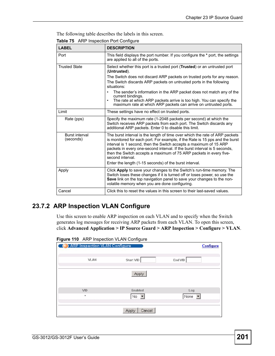 2 arp inspection vlan configure, Figure 110 arp inspection vlan configure, Table 75 arp inspection port configure | Section 23.7.2 | ZyXEL Communications GS-3012F/3012 User Manual | Page 201 / 314