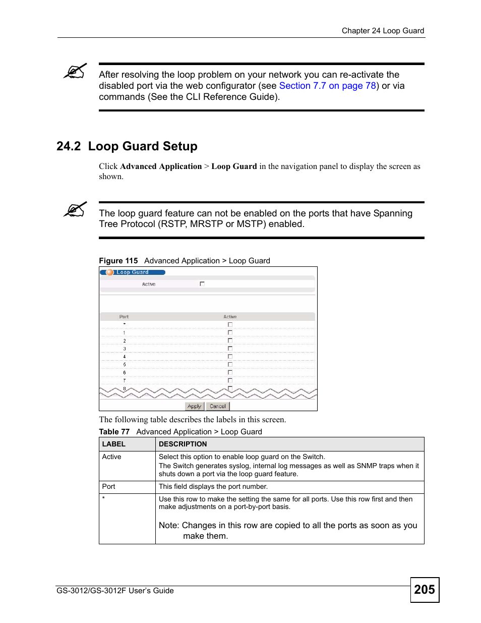 2 loop guard setup, Figure 115 advanced application > loop guard, Table 77 advanced application > loop guard | ZyXEL Communications GS-3012F/3012 User Manual | Page 205 / 314