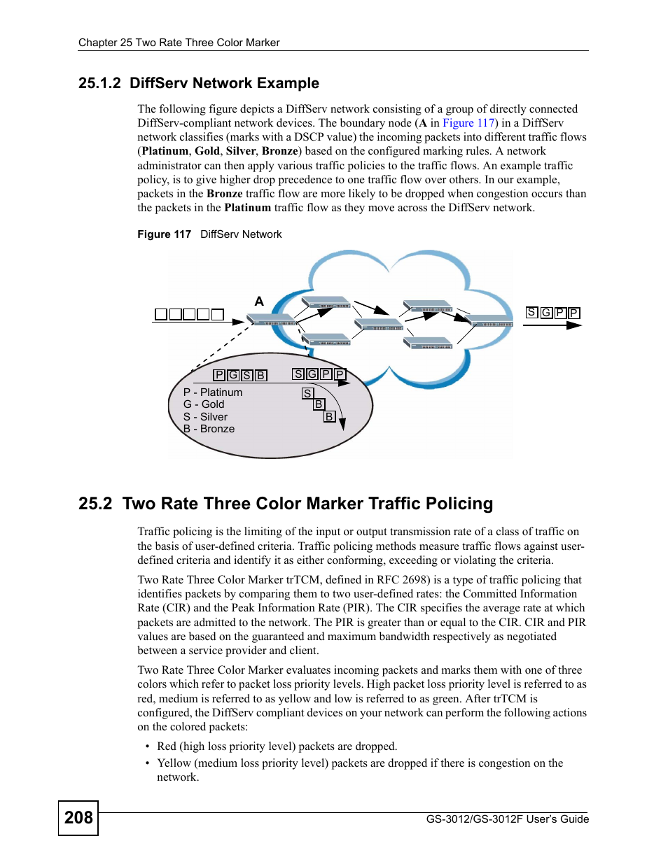 2 diffserv network example, 2 two rate three color marker traffic policing, Figure 117 diffserv network | ZyXEL Communications GS-3012F/3012 User Manual | Page 208 / 314