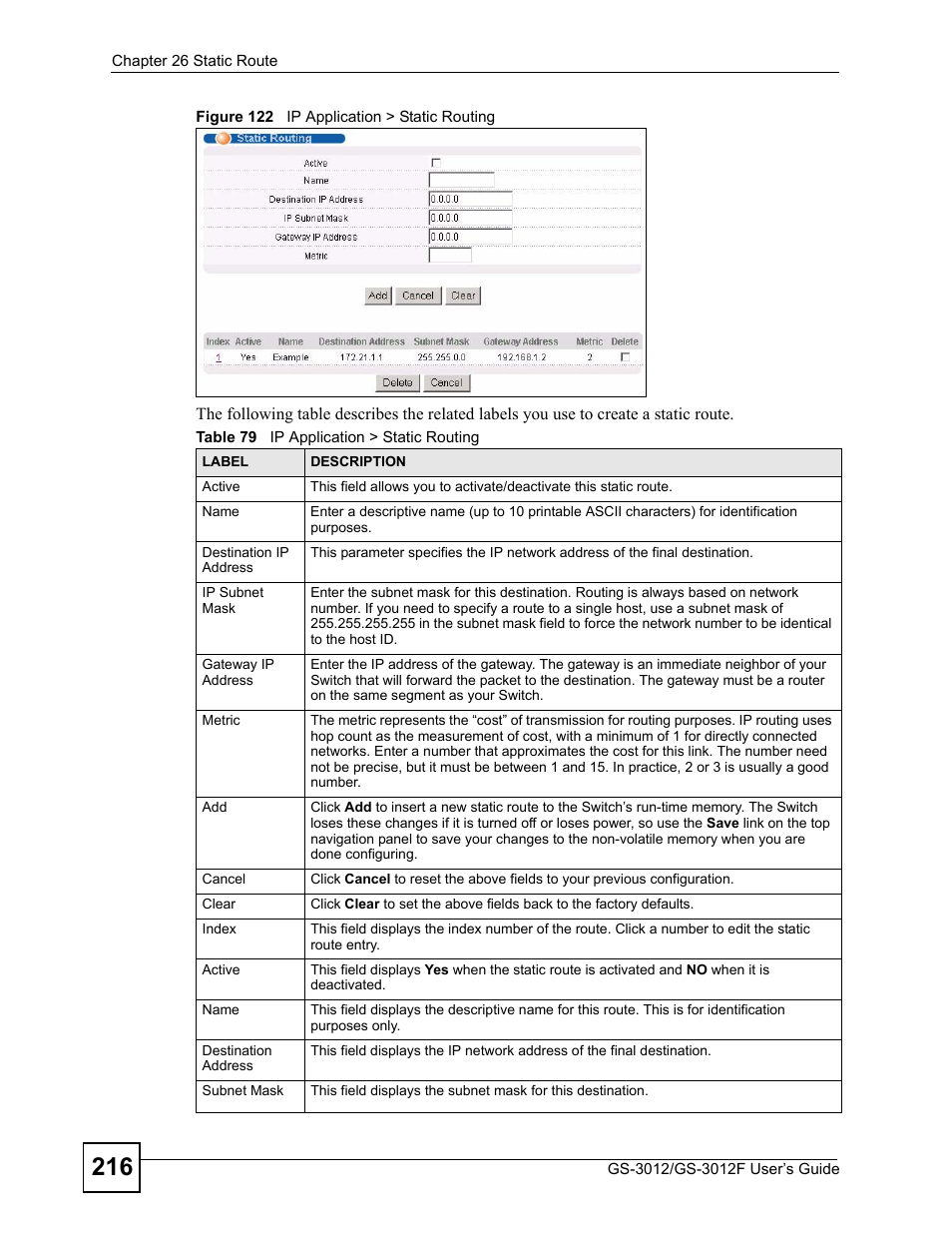 Figure 122 ip application > static routing, Table 79 ip application > static routing | ZyXEL Communications GS-3012F/3012 User Manual | Page 216 / 314