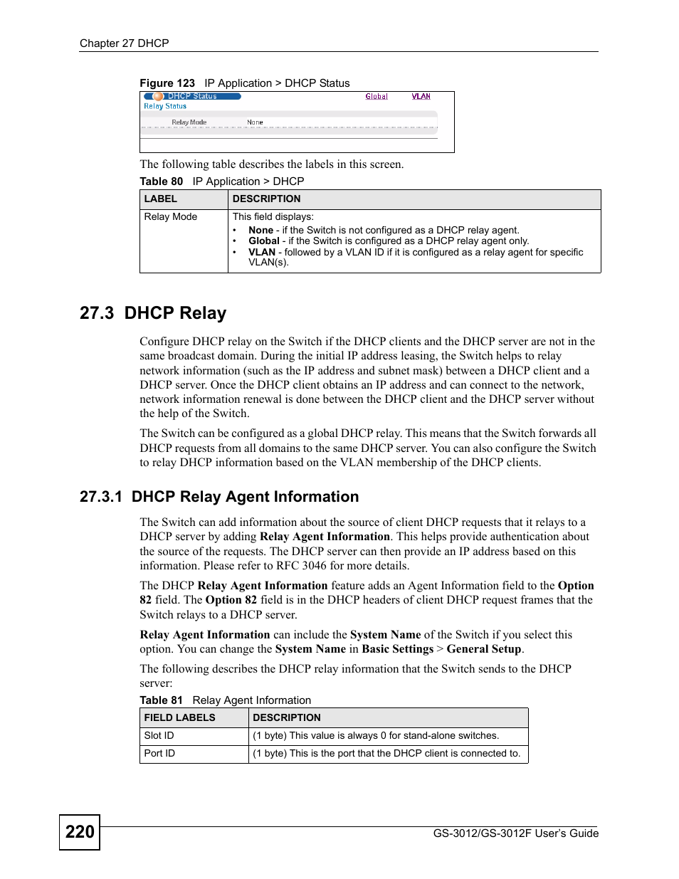 3 dhcp relay, 1 dhcp relay agent information, Figure 123 ip application > dhcp status | ZyXEL Communications GS-3012F/3012 User Manual | Page 220 / 314