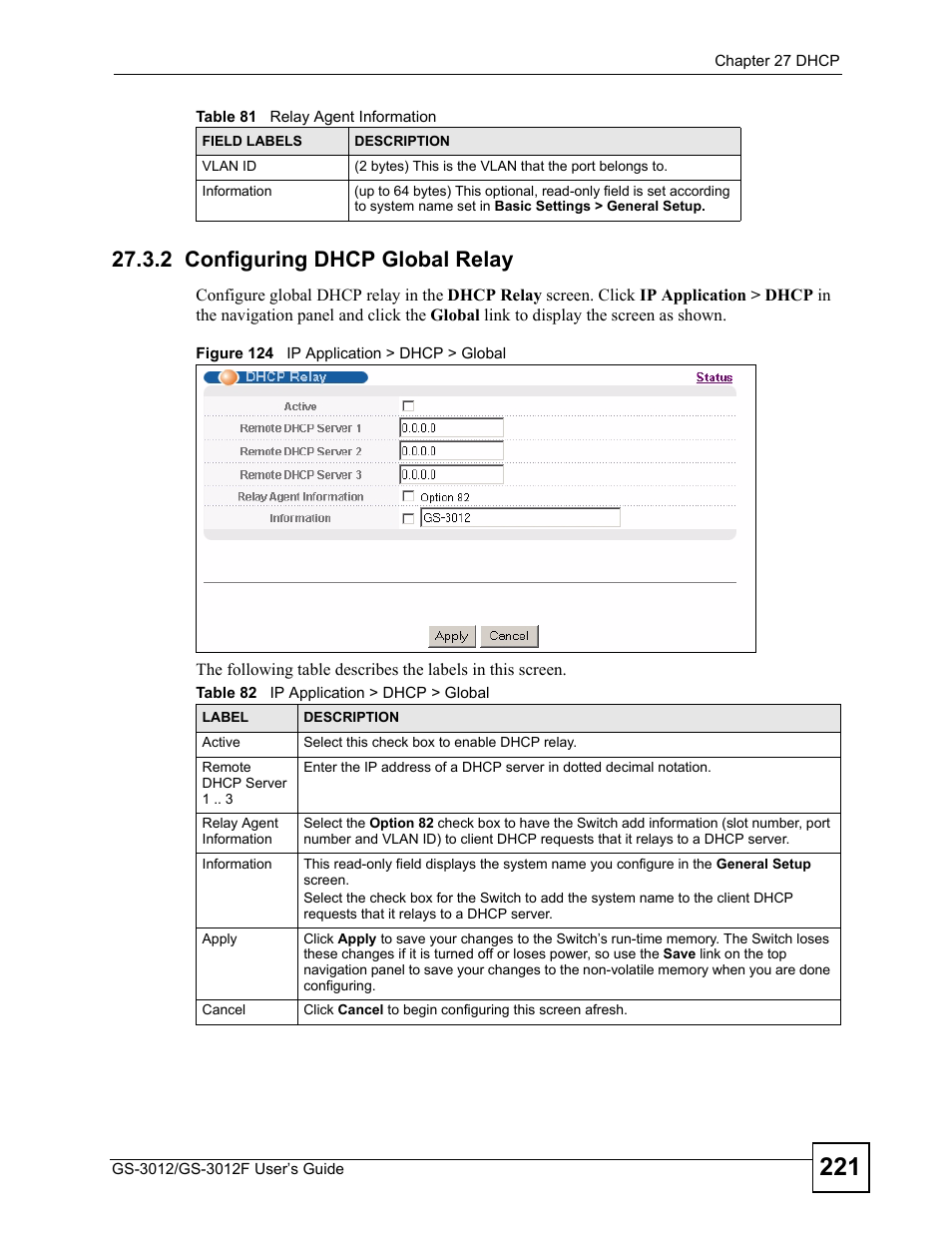2 configuring dhcp global relay, Figure 124 ip application > dhcp > global, Table 82 ip application > dhcp > global | ZyXEL Communications GS-3012F/3012 User Manual | Page 221 / 314