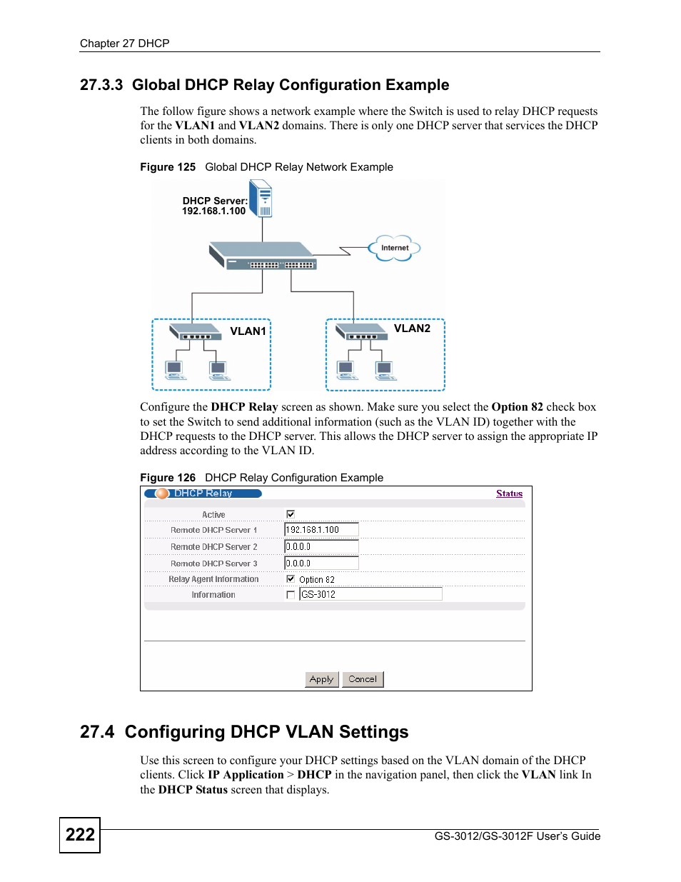 3 global dhcp relay configuration example, 4 configuring dhcp vlan settings | ZyXEL Communications GS-3012F/3012 User Manual | Page 222 / 314