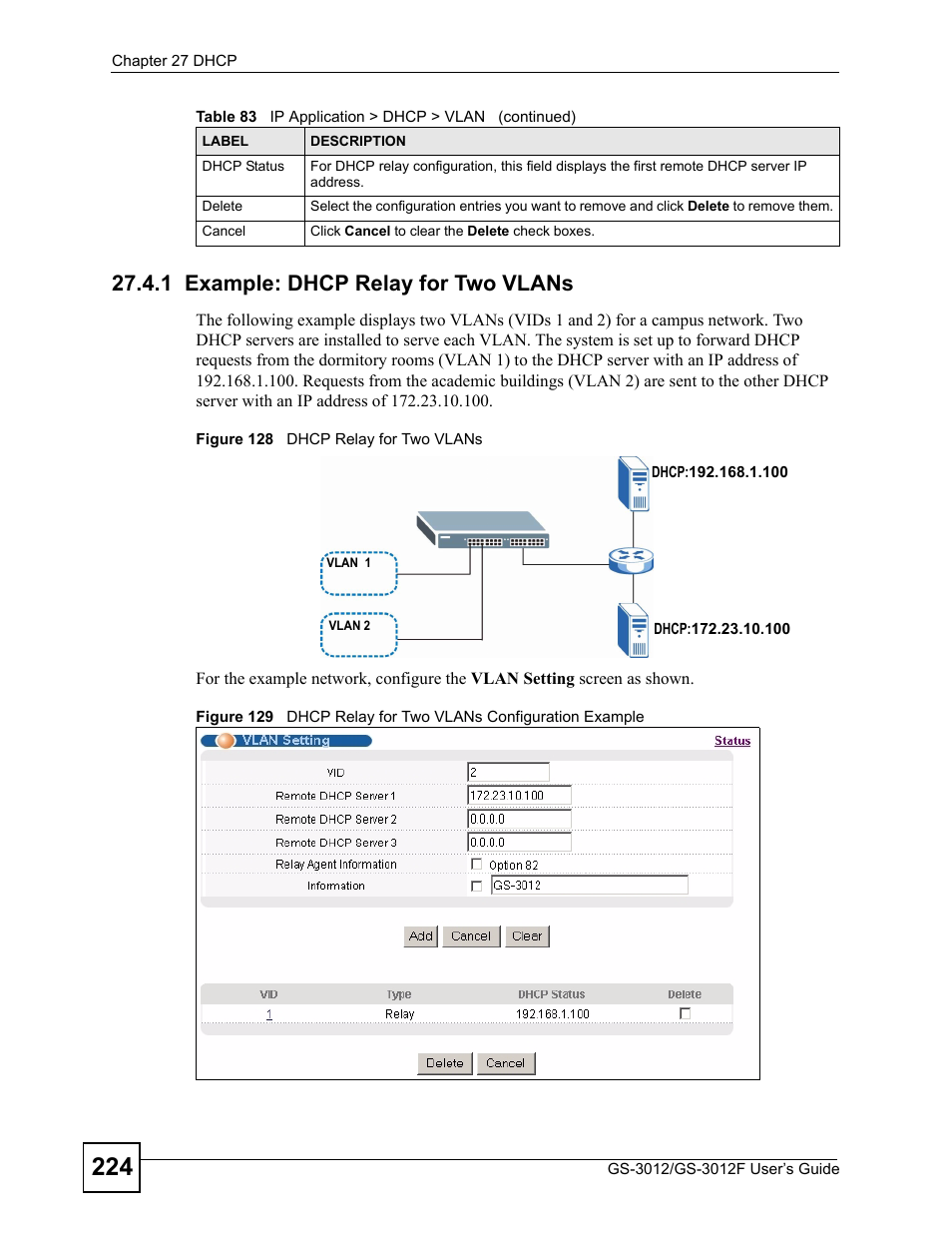 1 example: dhcp relay for two vlans | ZyXEL Communications GS-3012F/3012 User Manual | Page 224 / 314