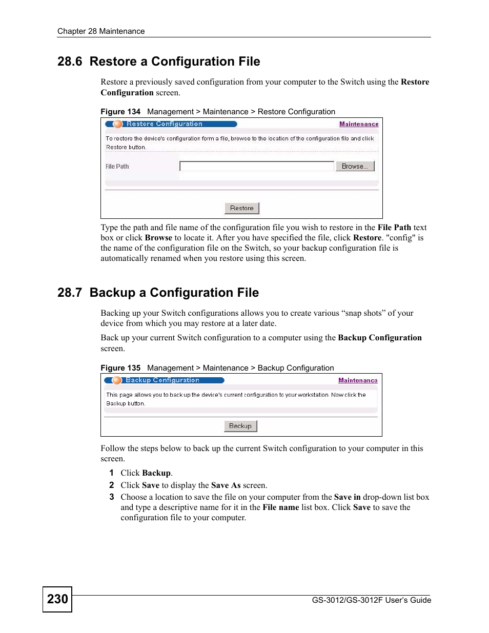 6 restore a configuration file, 7 backup a configuration file | ZyXEL Communications GS-3012F/3012 User Manual | Page 230 / 314