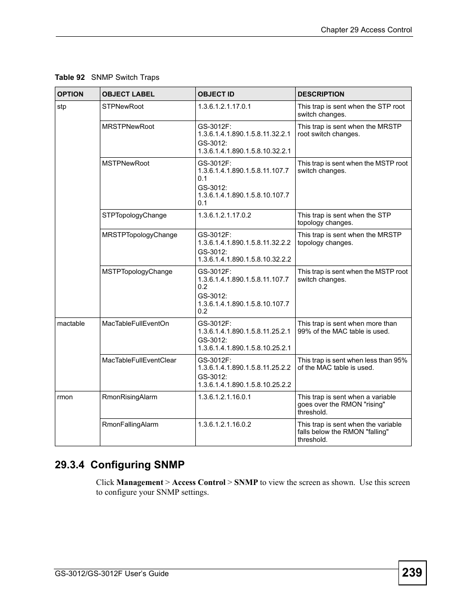 4 configuring snmp, Table 92 snmp switch traps | ZyXEL Communications GS-3012F/3012 User Manual | Page 239 / 314