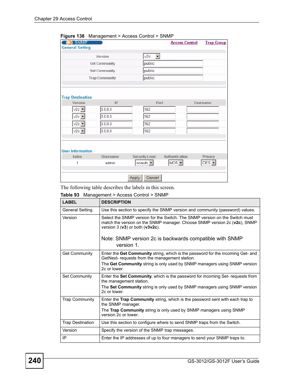 Figure 138 management > access control > snmp, Table 93 management > access control > snmp | ZyXEL Communications GS-3012F/3012 User Manual | Page 240 / 314