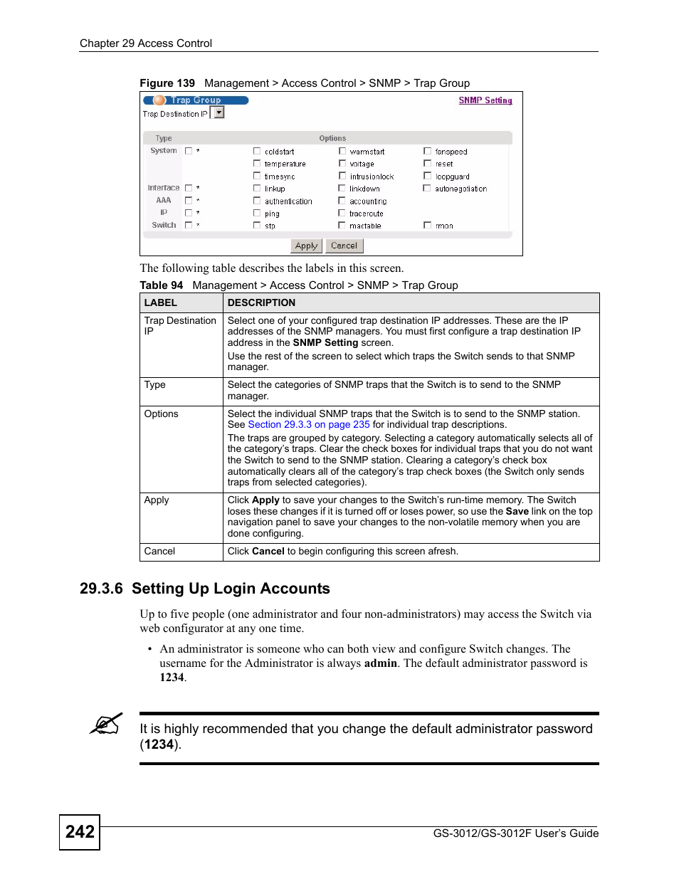 6 setting up login accounts | ZyXEL Communications GS-3012F/3012 User Manual | Page 242 / 314