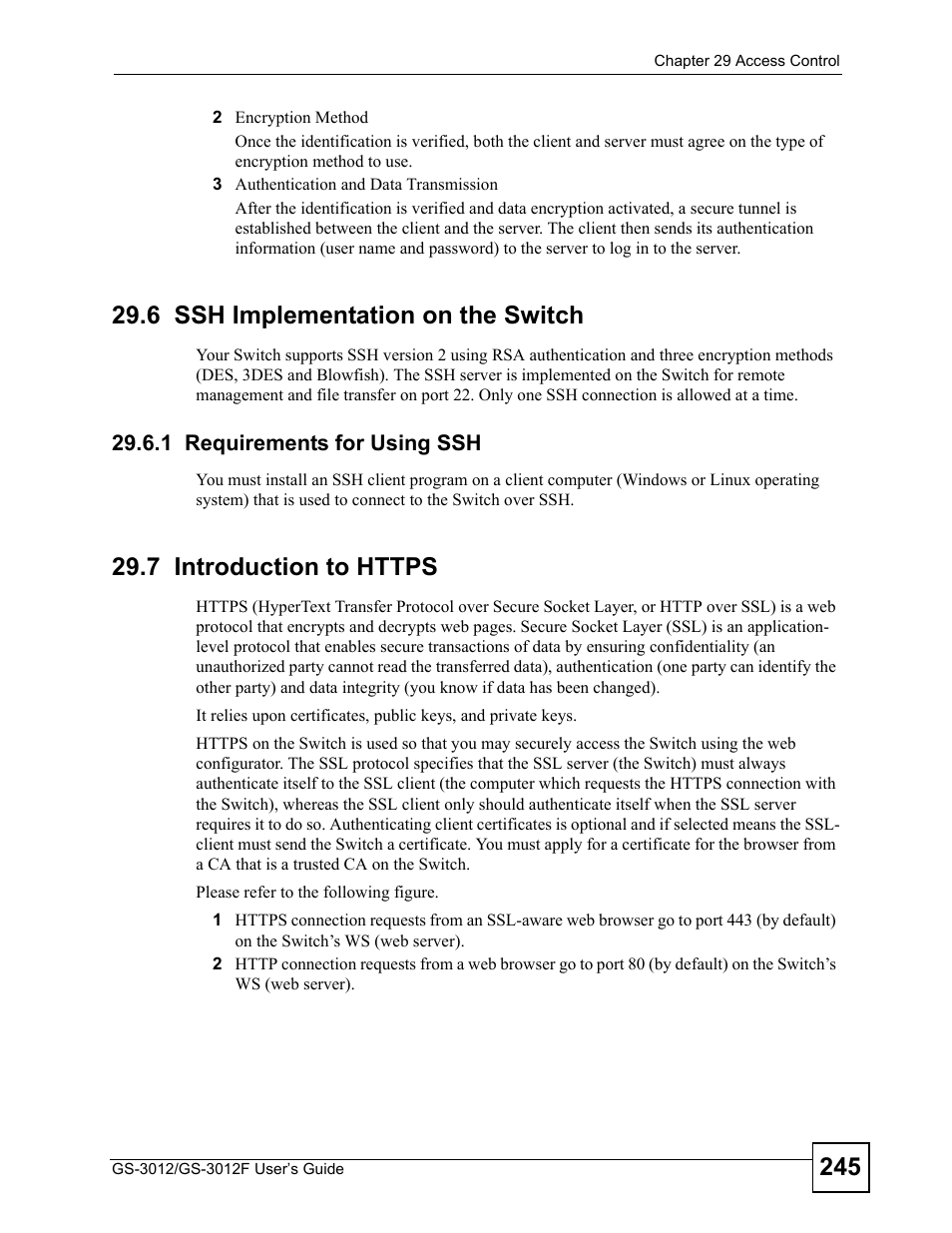6 ssh implementation on the switch, 1 requirements for using ssh, 7 introduction to https | ZyXEL Communications GS-3012F/3012 User Manual | Page 245 / 314