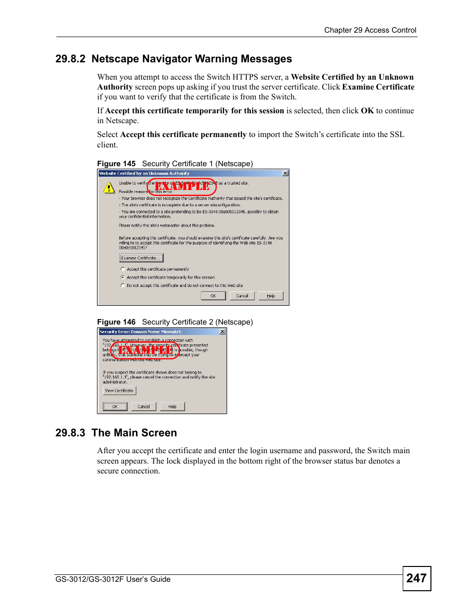 2 netscape navigator warning messages, 3 the main screen, Example | ZyXEL Communications GS-3012F/3012 User Manual | Page 247 / 314
